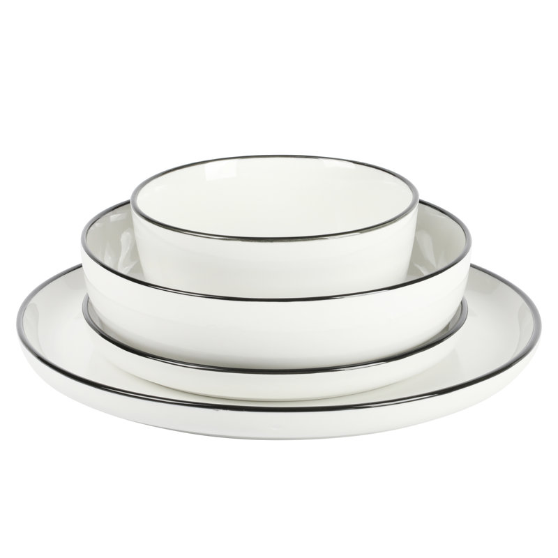 Oslo White Porcelain Dinnerware Set with Black Rim, Service for 4