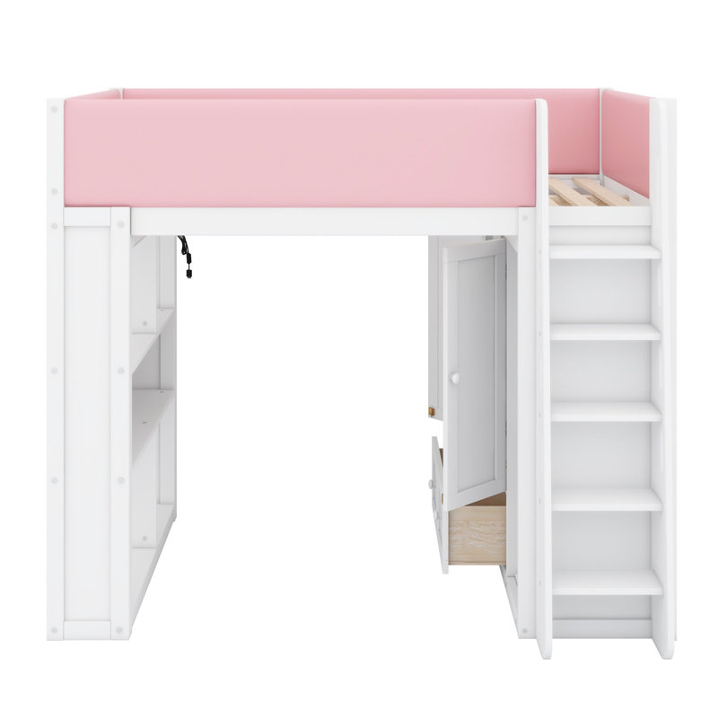 Lit mezzanine avec armoire, tiroirs et éclairage d'ambiance pour chambres peu encombrantes, Lit double, Blanc