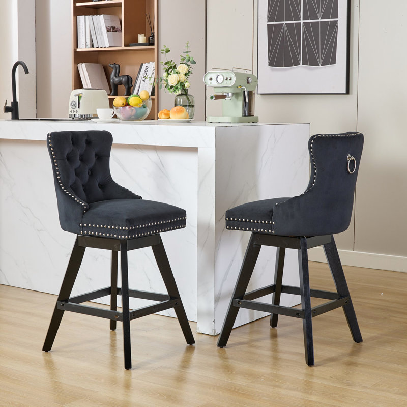 Swivel Velvet Bar Chairs With Button Decoration, Wooden Legs, Nailhead Trim, Soft Foam & Steel Spring Filling, Curved Back, Black, 2 For Dining 360-Degree Rotating Upholstery, Design, Padding, 2 Room