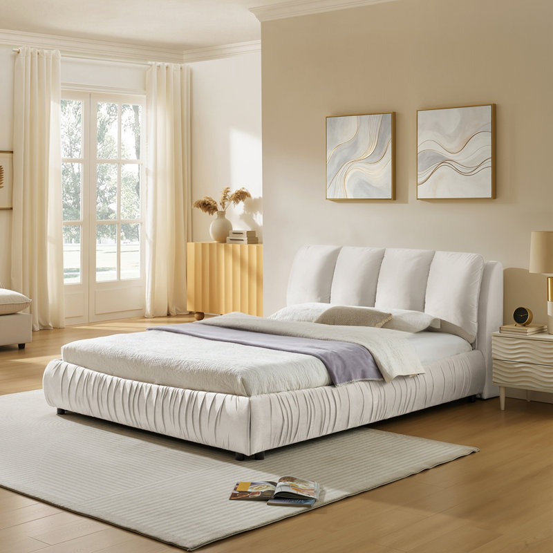 Structure de lit rembourrée en velours avec tête de lit segmentée, Queen, Beige