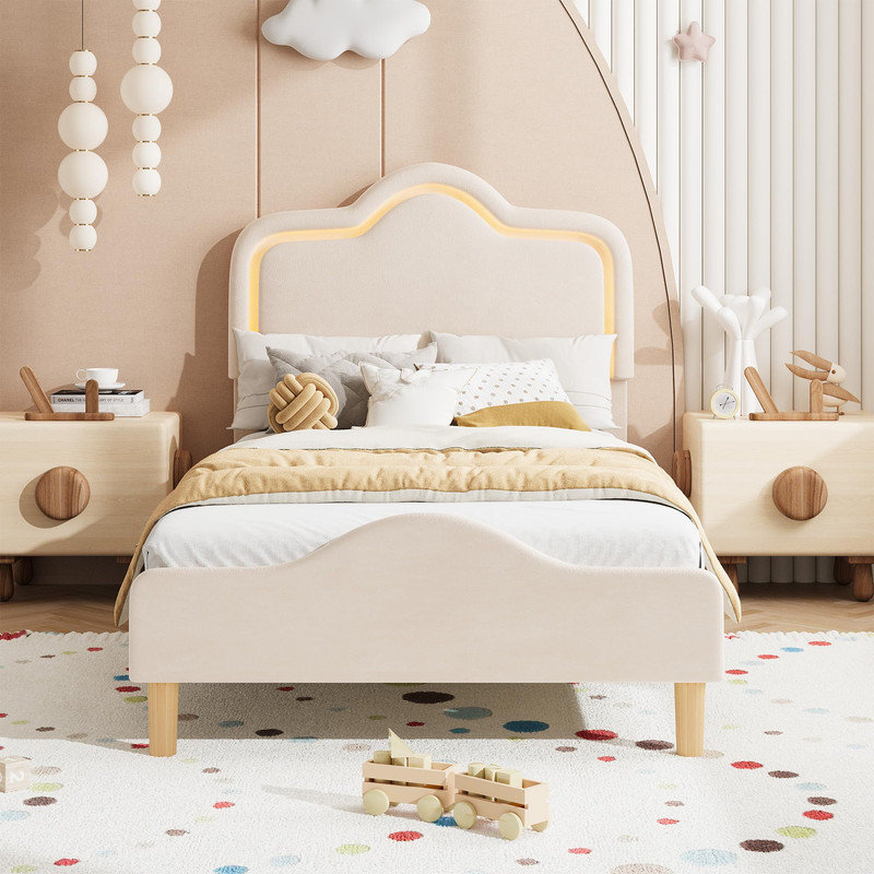 Upholstered Platform Bed Frame with LED Headboard, Footboard, Wooden Slats, Easy Assembly, No Box Spring Needed – Twin Size