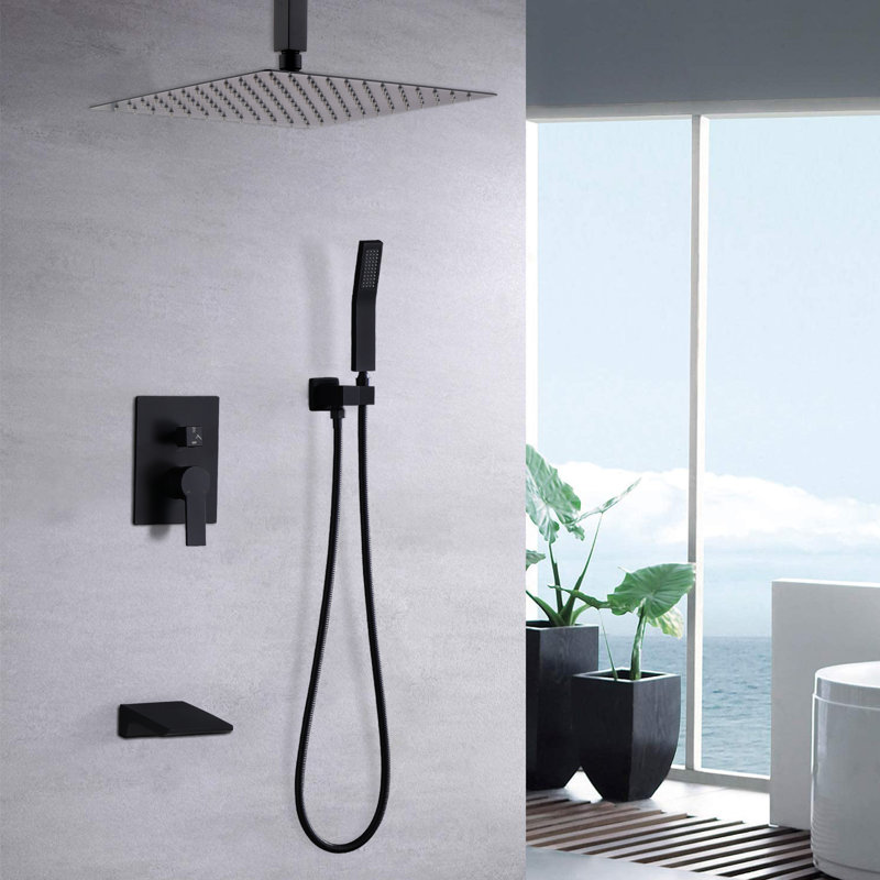 Ensemble de douche encastrée moderne et minimaliste à 3 fonctions : robinet de commande en laiton massif, pommeau de douche carré de 30 cm (12 po) pour plafond, douchette à main et bec de baignoire cascade.