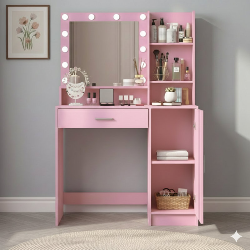 Bureau de coiffeuse avec miroir et lumière. Comprend un grand tiroir et une commode de rangement à trois niveaux, avec trois modes d'éclairage et une luminosité réglable. Une coiffeuse de chambre à coucher en rose.