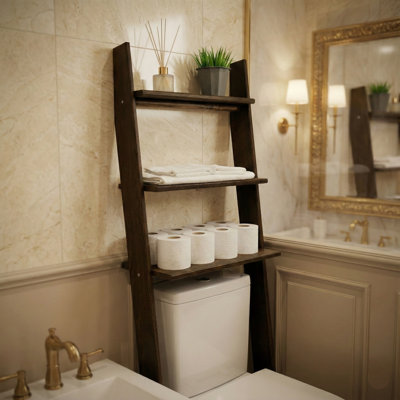 Étagère de rangement autoportante à 3 niveaux pour la salle de bain - Rangement échelle en bois de bouleau foncé, rangement peu encombrant pour la salle de bain