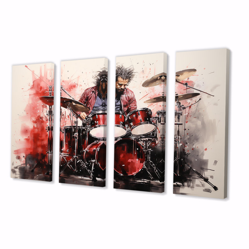 «Deep Red Drum Beat», peinture d'art sur toile 4 pièces, H 28 po x l 48 po
