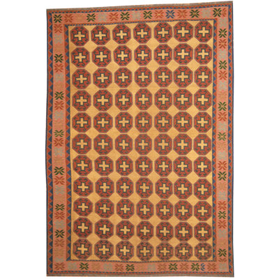 Tapis unique en laine noué à la main 7 pi x 10 pi orange / beige Soumak Ruttar