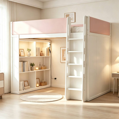 Lit mezzanine multifonctionnel avec garde-corps de sécurité rembourré en similicuir, lumière DEL intégrée, bibliothèque ouverte, armoire et tiroirs
