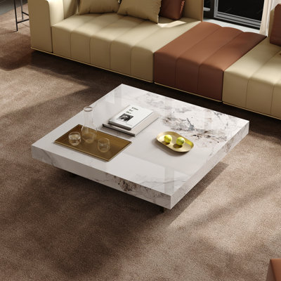 Tables basses luxueuses de style carrée en faux marbre de 42 po avec 2 pattes en acier inoxydable lustrées et pieds dorés avec plateau et patins en silicone