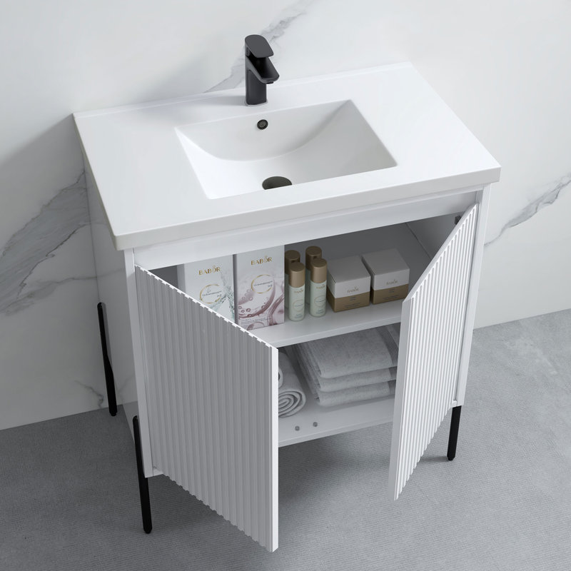 Leonhardine 30'' Single Bathroom Vanity with Ceramic Top, White, Black