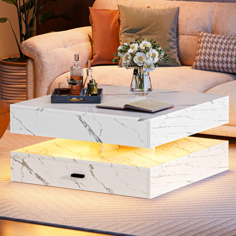 Led Coffee Table For Living Room, 2-Tier Square Coffee Tables, Modern Center Table With Storage, Wooden Living Room Tables For Home Office (Marble))