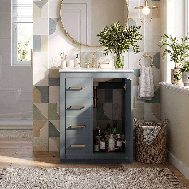 Meuble-lavabo 24 po avec lavabo en céramique intégré et armoire à trois tiroirs, Blue