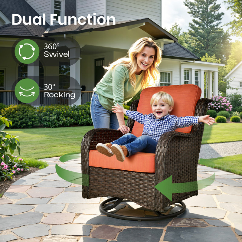 7 - Person Wicker Outdoor Conversation Set, Patio Sofa & Swivel Chair Set with Cushions, Orange Red Cushion/Brown Frame