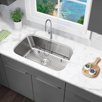 KBFmore 30 Inch Single Bowl Undermount Swirl Finish Classic Kitchen Sink with 3 Pieces Accessories