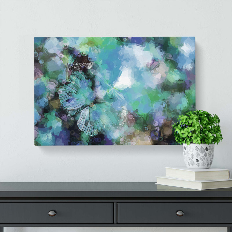 Butterfly Upon A Flower In Blue In Abstract - Wrapped Canvas Painting, 60cm H x 91cm W x 3cm D