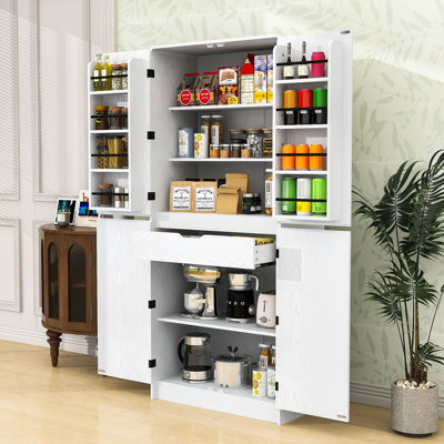 Tall Kitchen Pantry Cabinet with Curved Design, 8 Door Shelves, Adjustable Shelves and Hidden Drawer by Lark Manor