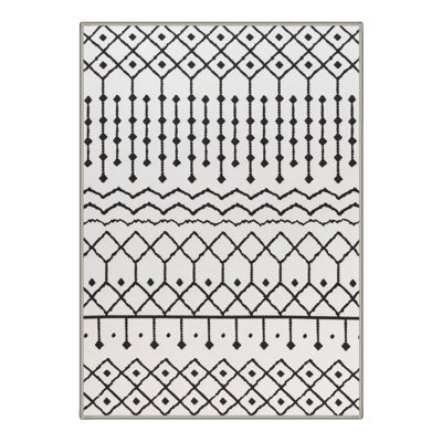 Abrahamson Zigara Geometric Machine Washable White / Black Onyx Indoor Area Rug with Non-Slip Backing