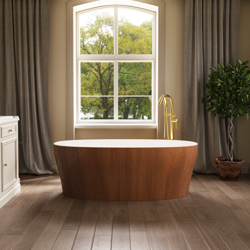 63" Solid-surface Freestanding Soaking Tub — White Interior Wood-grain Exterior With Recessed Dimple Texture Integrated Headrest