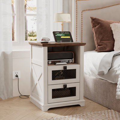 Farmhouse 2 Drawer Wood End Table, Small Side Table Nightstand With Charging Station