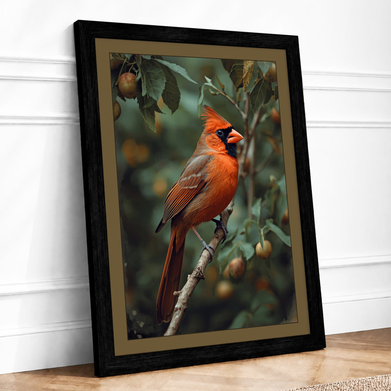 Cardinal on Branch Boho - Framed Print, A4 - 29.7 x 21.0 cm, Black