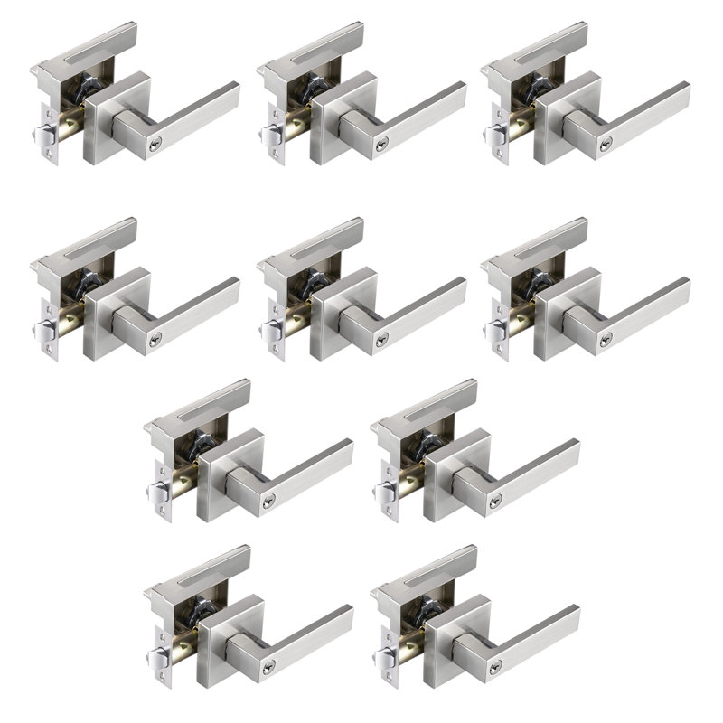 Poignées de porte en nickel satiné, poignées de porte intérieures sans clé, leviers de porte carrés, serrures de porte robustes pour salle de bain, leviers plats réversibles