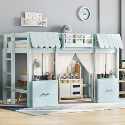 Full Loft Kids Bed with Bookshelf, Storage Shelf, Curtain & Safety Guardrails – Playful Amusement Park Design, Blue by Dovecove