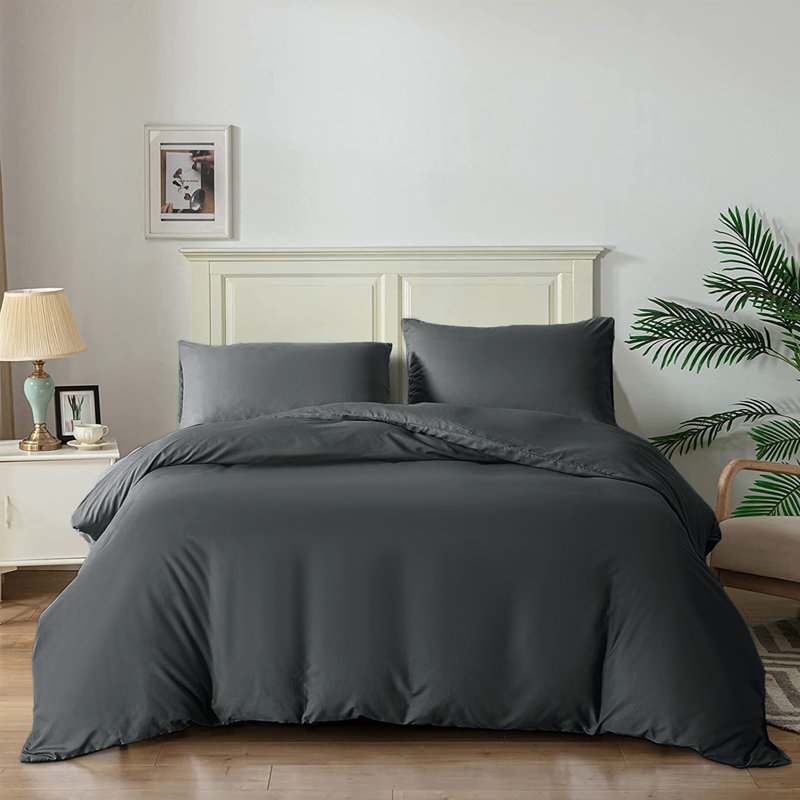 Super Soft Reversible 4 piece Plain Duvet Cover Set with Pillowcases, Double Duvet Cover + 3 Additional Pieces, Charcoal