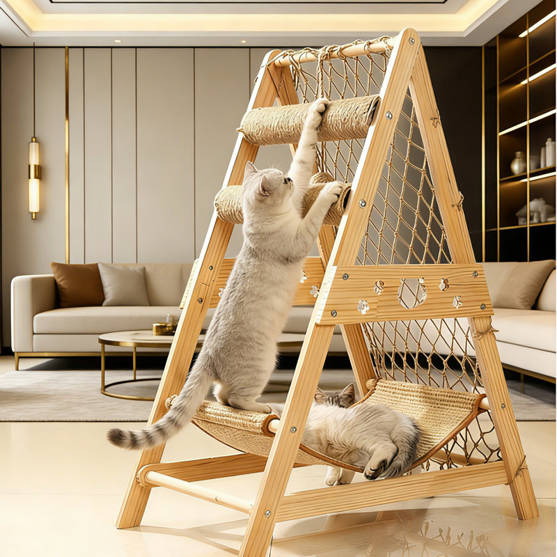 Structure d'escalade pour chat avec poteaux à griffer et hamac suspendu pour chat, base triangulaire stable