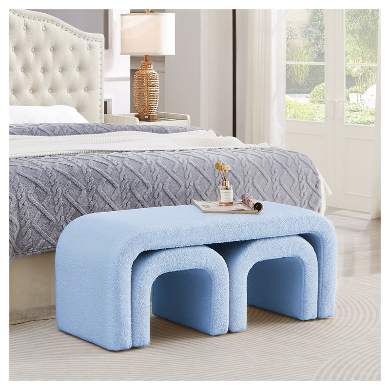 Ensemble de repose-pieds modulaire en U en forme de U - Revêtement en polyester bleu clair avec structure en bois