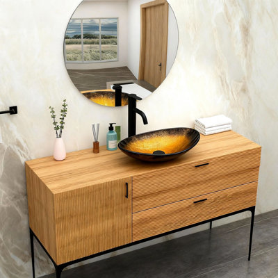 Charmant lavabo vasque en verre trempé transparent doré pour salle de bain et toilettes, nettoyage de surface lisse, profondeur élégante de 18,11 po - veiné avec bonde escamotable, entretien facile, hauteur de 4,88 po