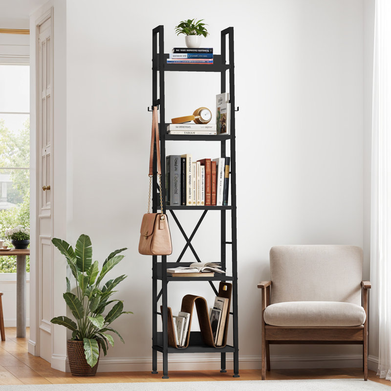 ladder shelving unit， 5 Tiers Floorstanding slim bookcase, Black