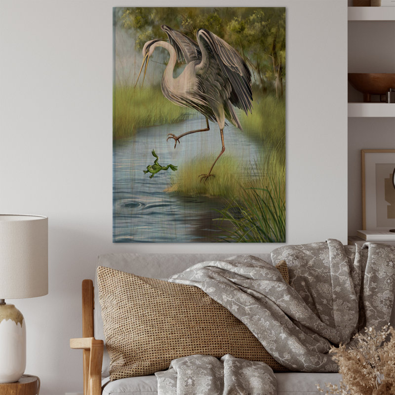 Grue chassant une grenouille dans l'eau - Imprimé campagnard, H 12 po x l 8 po x P 1 po, Bois de pin