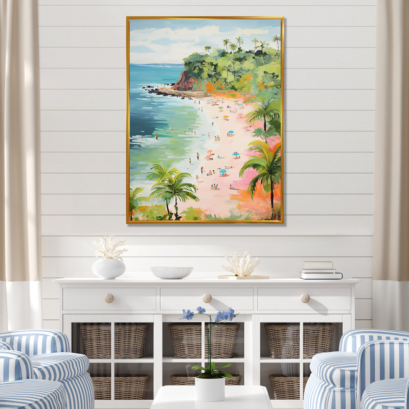 Scène de plage côtière, paradis en couleur pastel IV - plage, art mural, Cadre flottant doré, H 44 po x l 34 po x P 1,5 po