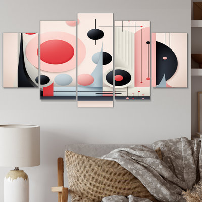 «Pink Full Moon Rising Abstract Minimal Landscape», reproduction d'art sur toile, 5 panneaux