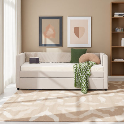 Twin Size Upholstered Daybed With Trundle,USB Port ,Side Pockets, Modern V-Grained Backrest Design,No Box Spring Needed, For Bedroom, Guest Room