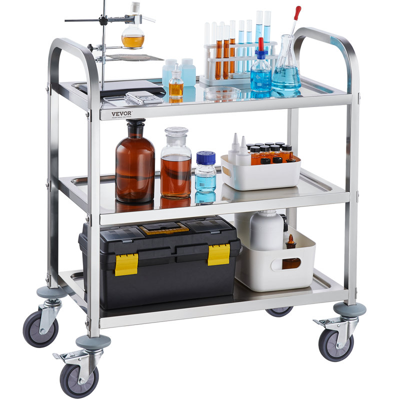 VEVOR 34'' Stainless Steel 3-Tier Utility Cart with Swivel Wheels