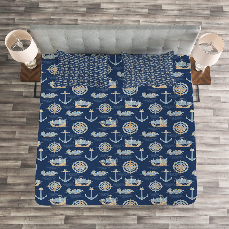 Acamas Blue/Beige Microfibre Bedspread Set, 220 x 264 cm