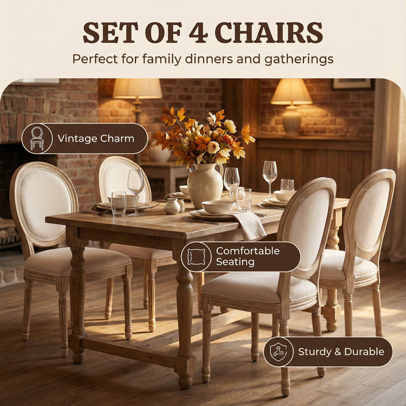 4 Piece-20" H Mid Century Modern Upholstered Linen Side Chair  King Louis Back Solid Wood Dining  Chairs, Beige