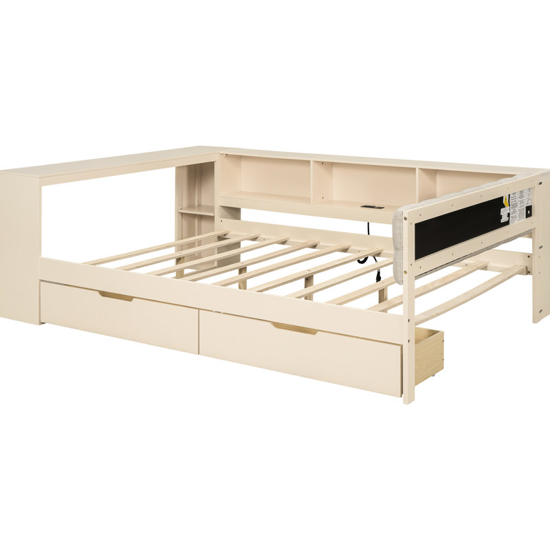 Lit double en bois crème avec tablettes de rangement, tiroirs, tête de lit et tête de lit tapissier, Double