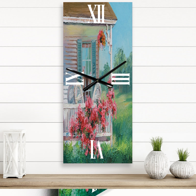 Horloge murale en bois avec patio et fleurs en fleurs, Petit