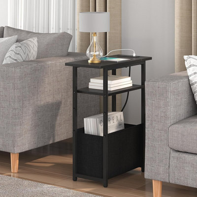 Narrow Side Table Set Of 2 With Charging Station, Small End Tables/Nightstands With Storage Basket, 3-Tier Sofa Bedside Tables For Living Room And Bedroom, Black