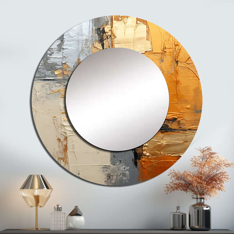 Gold Grey Gleaming Geometry XV - Abstract Collages Large Mirror, Modern Round Unique Wall Mirror Decor, Printed Metal Art