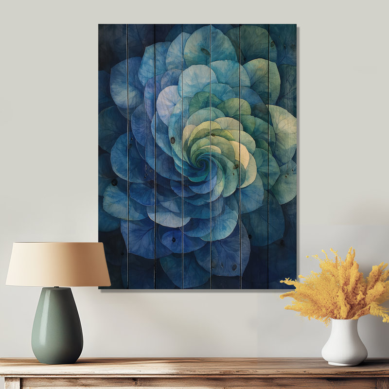 Hortensia bleu et vert Vortex I - impression sur bois d'hortensia - sur bois de pin naturel, H 20 po x l 10 po x P 0,78 po