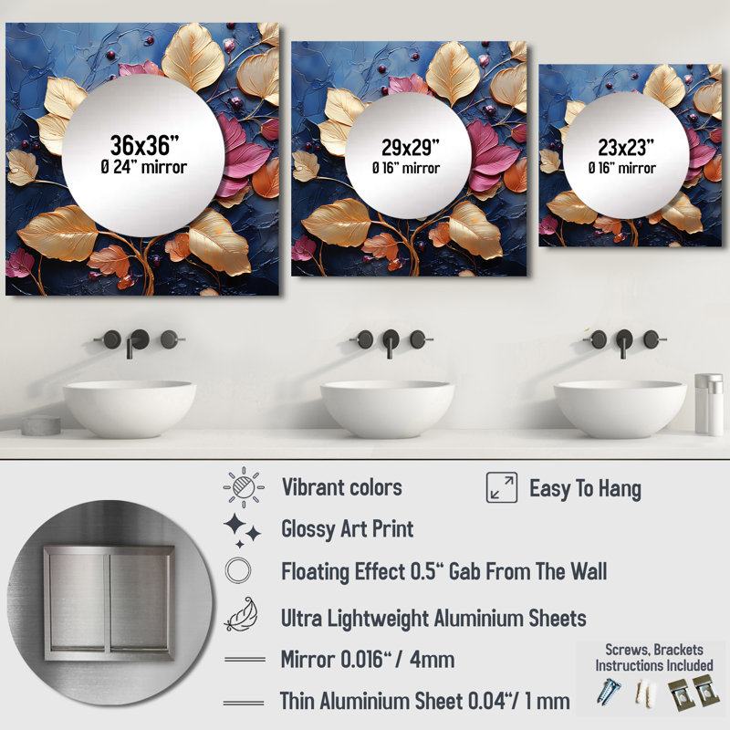 Leelo - Grand miroir carré pour décoration murale Leaves, 29 po x 29 po