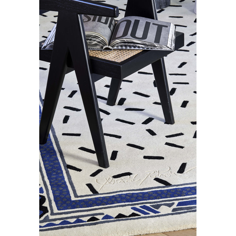 Trasimene Hand Tufted Wool Abstract Area Rug in Blue/Black/White, Rectangle 8'2" x 11'6"