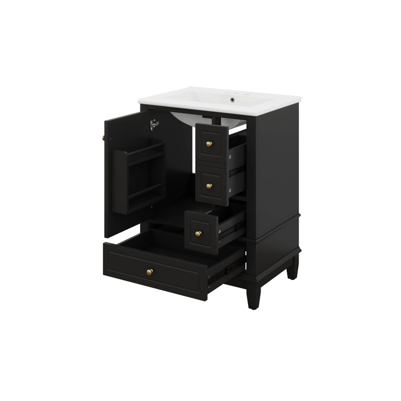 Ensemble de meuble-lavabo autoportant 24 po avec 3 tiroirs et une porte avec supports de rangement 24 po, Noir