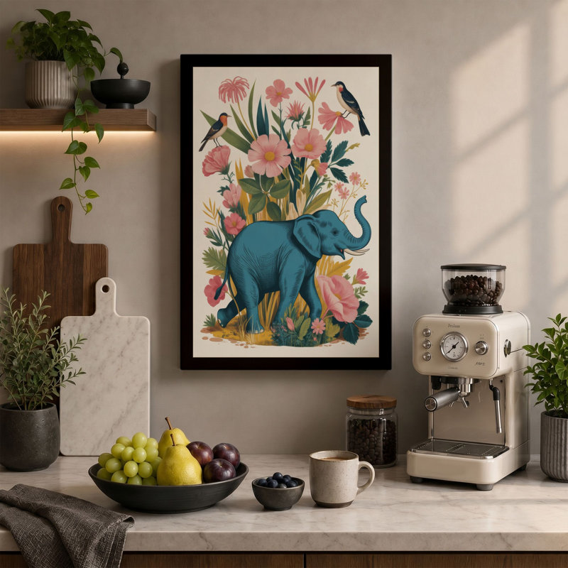 Elephant in Bloom Botanical - Wrapped Canvas, 24x16 - 61.0 x 40.6 cm, Teal Border