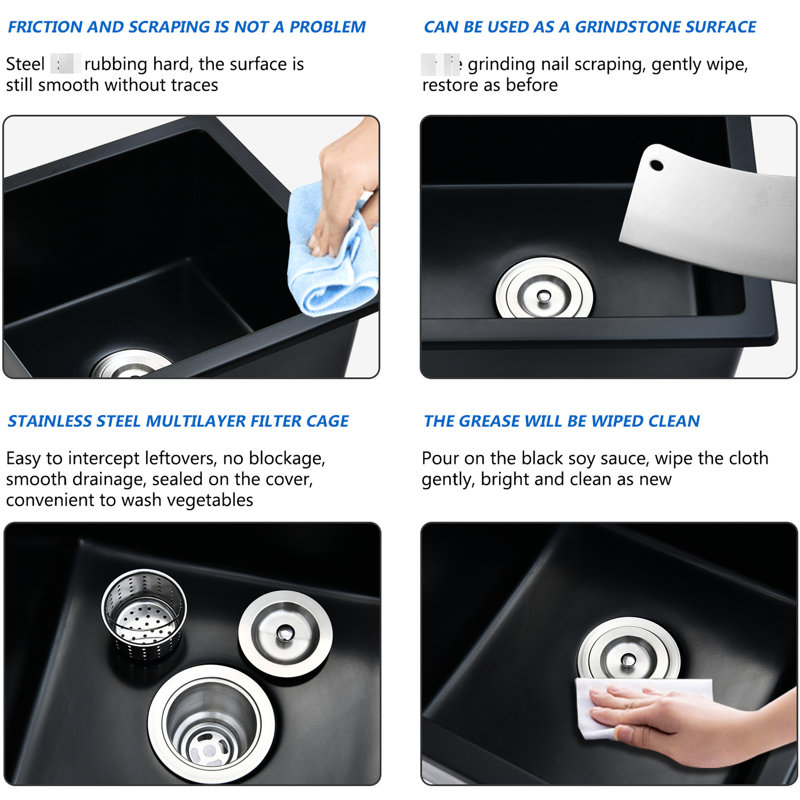 Évier à quartz encastrable L 18 po x l 16 po, noir mat, résistant à la chaleur, aux taches, aux égratignures, à la rouille, à la chaleur fiable, à la surface facile à nettoyer