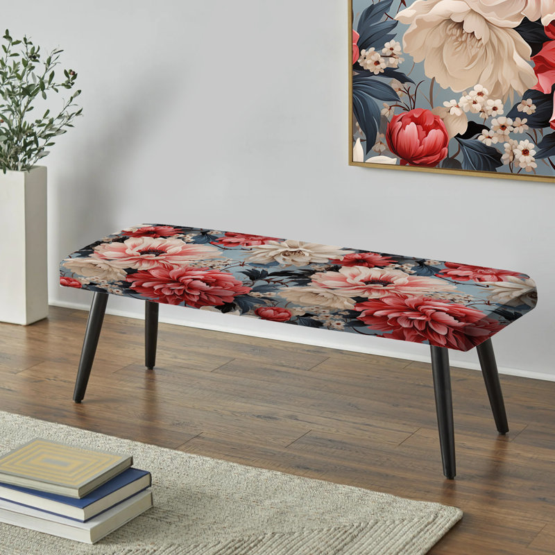 Banc rembourré floral noir, Motif floral rétro rose et bleu