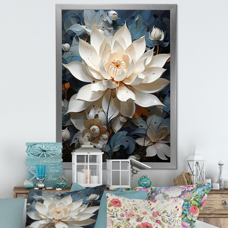 «Serenity Blossum Lotus I» sur toile, Cadre simple argenté, H 44 po x l 34 po x P 1,5 po