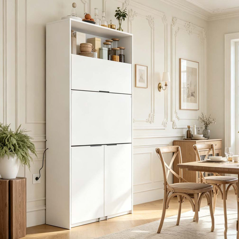 Buffet 69 po avec huche et poste de travail pliable, armoire de rangement multifonctionnelle avec tablette réglable et prise de courant